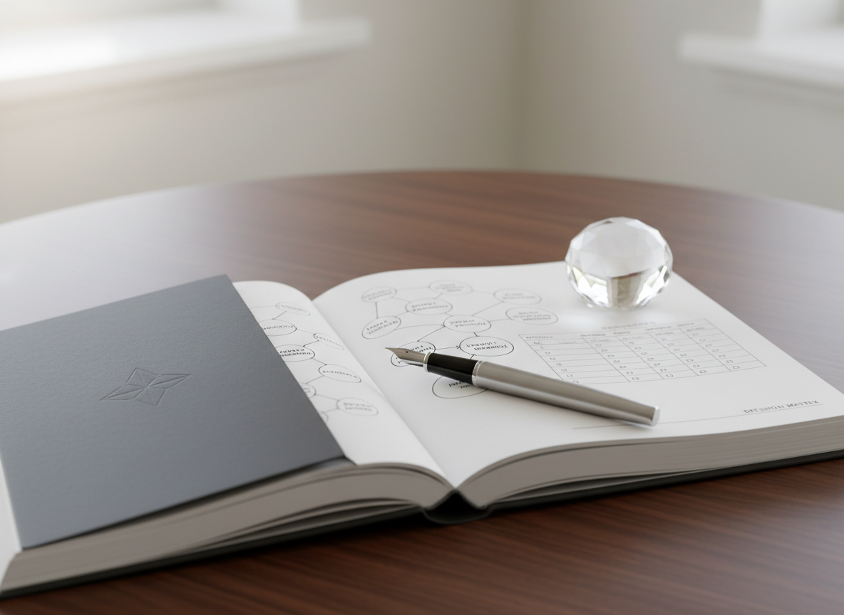 A sleek, hardcover journal with a matte charcoal cover embossed with a subtle geometric compass symbol, lying open on a walnut desk. Crisp white pages display neatly drawn mind maps and a structured decision matrix in fine black ink. A clear crystal paperweight rests on one corner, and a brushed metal pen is placed diagonally across the page. Soft morning light from an unseen window washes across the desk, creating gentle highlights on the crystal and pen while the background fades into a smooth, neutral blur. Photographic realism with a clean, modern aesthetic, shot at a slightly elevated angle with shallow depth of field, conveying clarity, focus, and sophisticated strategic thinking.